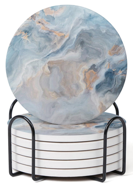 Hoomey Set of 6 Abstract Blue Marble Coasters with Holder, Absorbent Ceramic Coasters for Drinks, Coasters with Cork Backing for Table Protection, Housewarming Gifts for New Home Hoomey