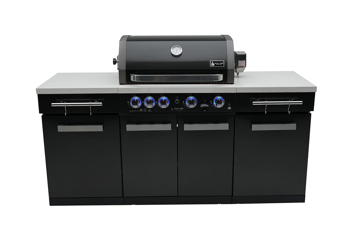 Mont Alpi MA-957 5-Burner 63000 BTU Black Stainless Steel Outdoor Kitchen Bar Gas Island Grill w/Infrared Rear Burner + Rotisserie Kit + Granite Countertop + Storage Cabinets & Full Weather Cover Mont Alpi