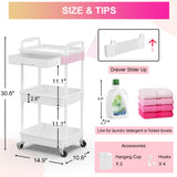 Goovilla 3 Tier Rolling Utility Cart Organizer with Removable Drawer, Stable and Sturdy White Rolling Storage Carts with 2 Lockable Wheels for Bathroom, Kitchen, Snack, Craft, Makeup, Baby Essentials Goovilla