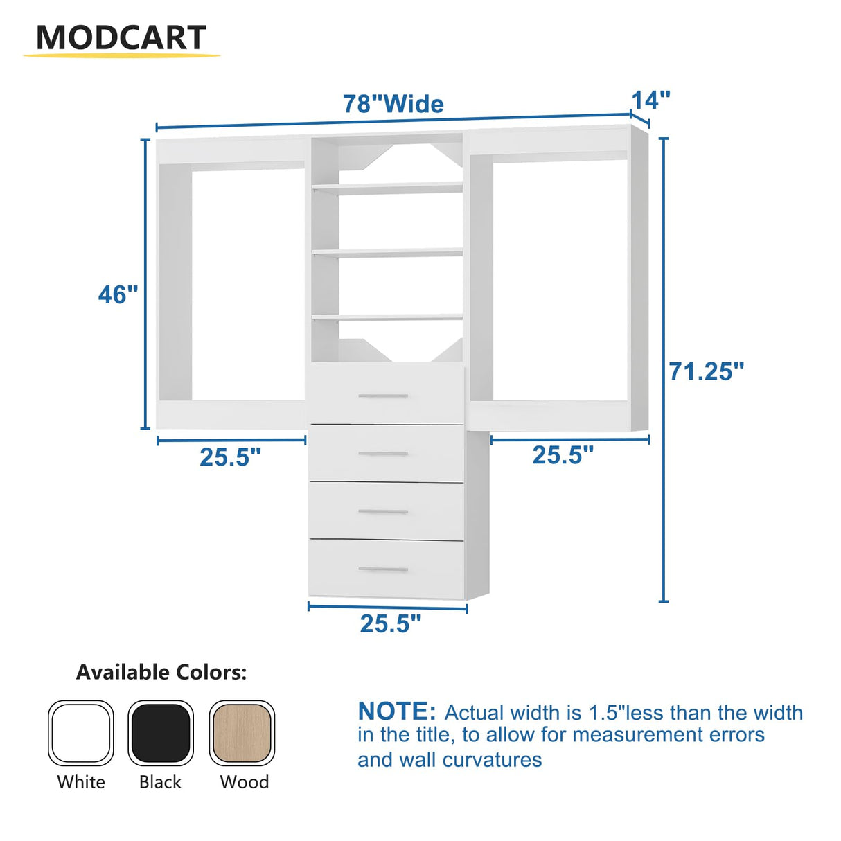 MODCART Modular Closet System, 78" Wide Closet Organizer System with Hanging and Drawers, Wood Tower Closet Storage for Walk In Closets, Wall Mounted Wardrobe Organizer Kit System, Bedroom, White MODCART