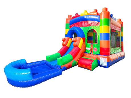 Inflatable Bounce House with Slide for Kids - 26.5 x 12 x 14.5 Foot Backyard Building Block Combo Bouncer with Water Pool, Outdoor Jumpers - Includes Blower, Anchor Stakes, and Storage Bag Pogo Bounce House