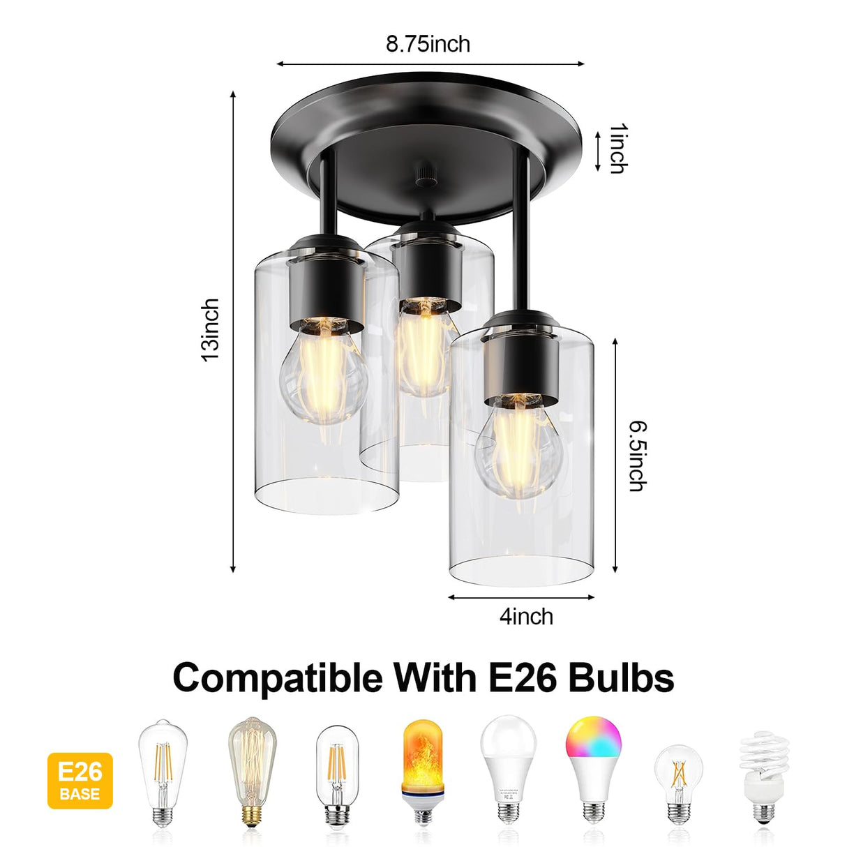 Kalium 3-Lights Semi Flush Mount Ceiling Light Fixture, Matte Black Light Fixtures, Ceiling Light for Kitchen, Foyer, Entryway, Farmhouse, Home Decor, Clear Glass Shade. Kalium