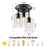 Kalium 3-Lights Semi Flush Mount Ceiling Light Fixture, Matte Black Light Fixtures, Ceiling Light for Kitchen, Foyer, Entryway, Farmhouse, Home Decor, Clear Glass Shade. Kalium