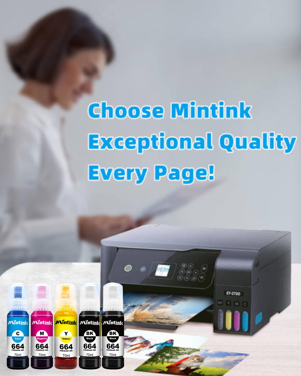 Compatible Epson 664 Ink Refill Bottles for Epson Printer (Black, Cyan, Magenta, Yellow) T664 Ink Bottles for Epson Printer ET-2650 ET-2550 ET-16500 ET-4500 ET-4550 ET-3600 Ink Bottles Mintink