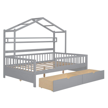 DEINPPA Whimsical House Bed Frame with Drawers and Shelf for Kids – Grey - WoodArtSupply