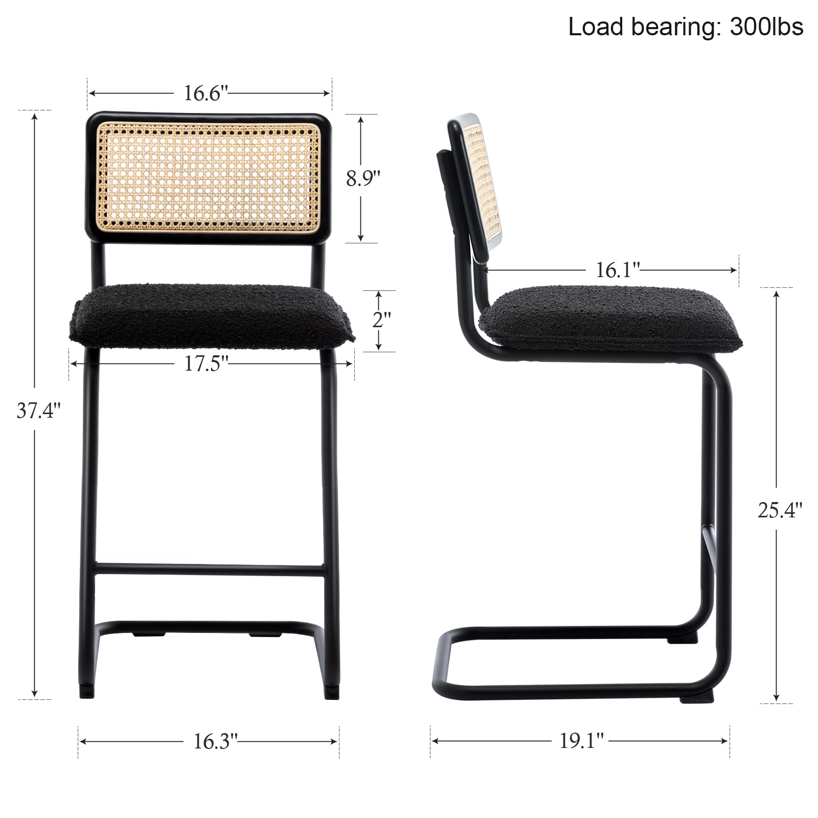 ONEVOG Counter Stools with Natural Rattan Back, 26 Inch Bar Stools Set of 2, Island Kitchen Counter Seats, Wood Frame and Metal Chrome Legs, Modern Bar Chairs, Cantilevered, Black - WoodArtSupply