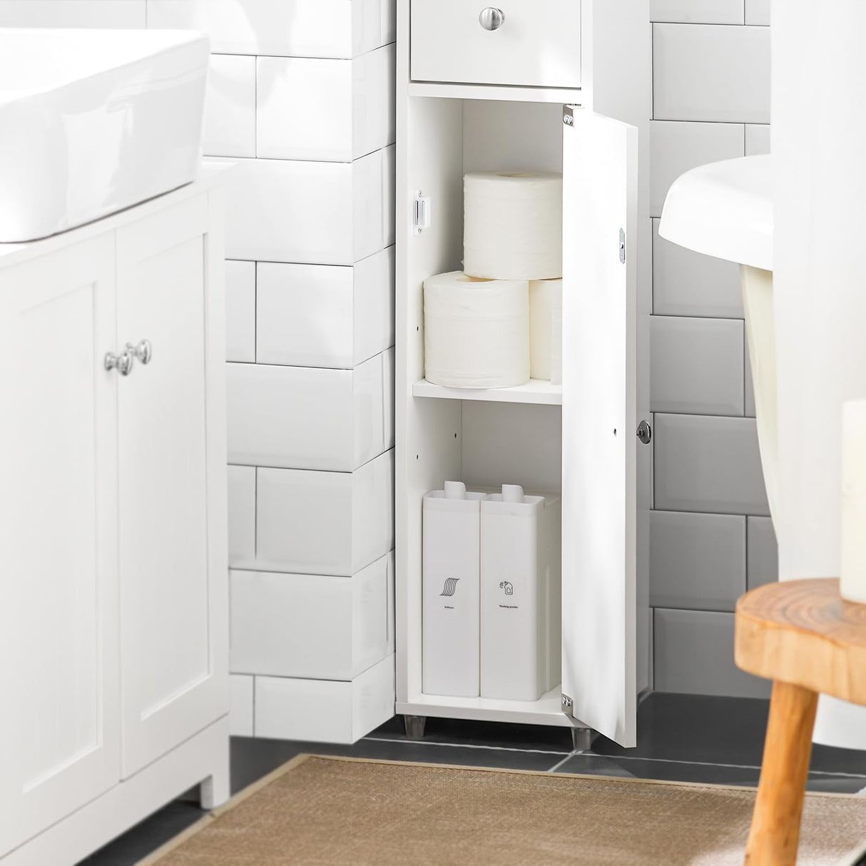 Haotian Bathroom Tall Cabinet with 1 Drawer, 2 Doors and Adjustable Shelves, Slender Extra Storage Cabinet, Anti-Tipping Floor Tall Cabinet Cupboard, White BZR34-W, 7.9"D x 7.9"W x 70.9"H SoBuy