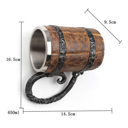 Wooden Barrel-Beer Mug, 650 ml Wood Stainless Steel Cup, Carving Beer Mug, Double Wall Cocktail Mug for Bar Restaurant, Handmade Retro Brown, Gift for Men - WoodArtSupply