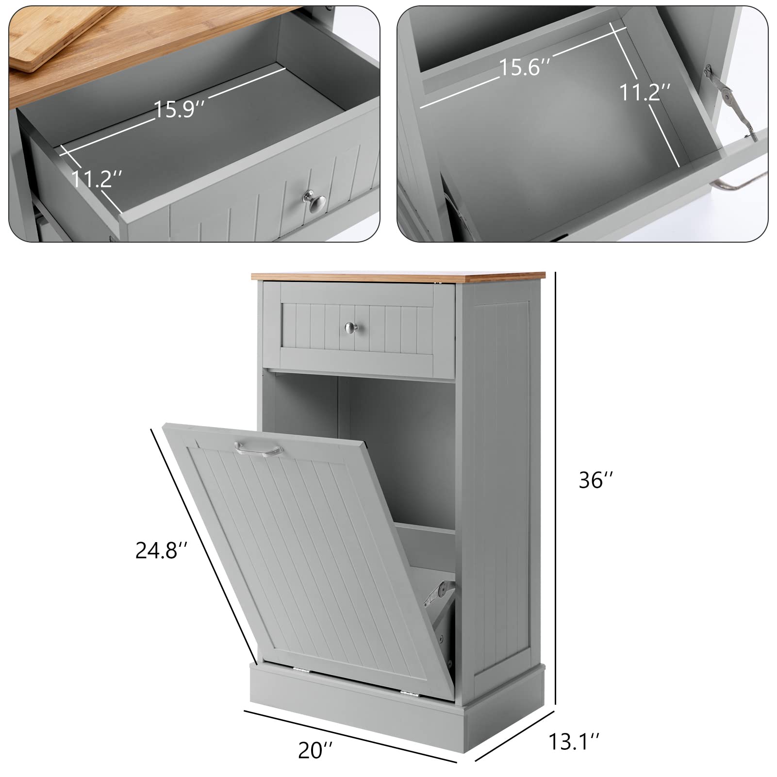 Tilt Out Trash Cabinet, Freestanding Wooden Kitchen Trash Recycling Cabinet with Drawer & Removable Cutting Board, Dog Proof Trash Can Cabinet, Grey - WoodArtSupply