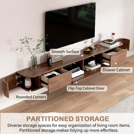 Ribanedy Solid Wood Modern Floating TV Stand with LED Lighting | Wall-Mounted Entertainment Console with Flip-Top Doors | TV Bench for Living Room & Office (Brown, 86.6'') Ribanedy