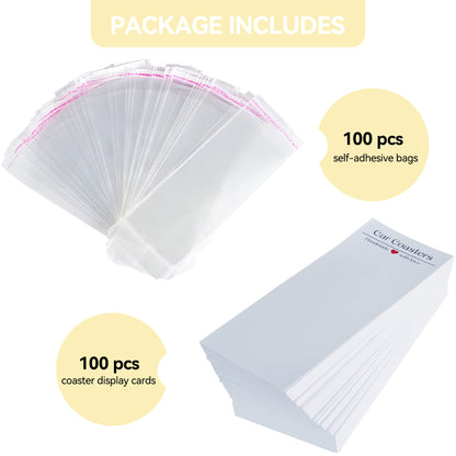 100PCS Car Coaster Packaging for Selling, Sublimation Blanks Car Coasters Cards with Bags, Sublimation Car Coasters Display Cards 6.8x2.85In, Heat Press Machines Accessories