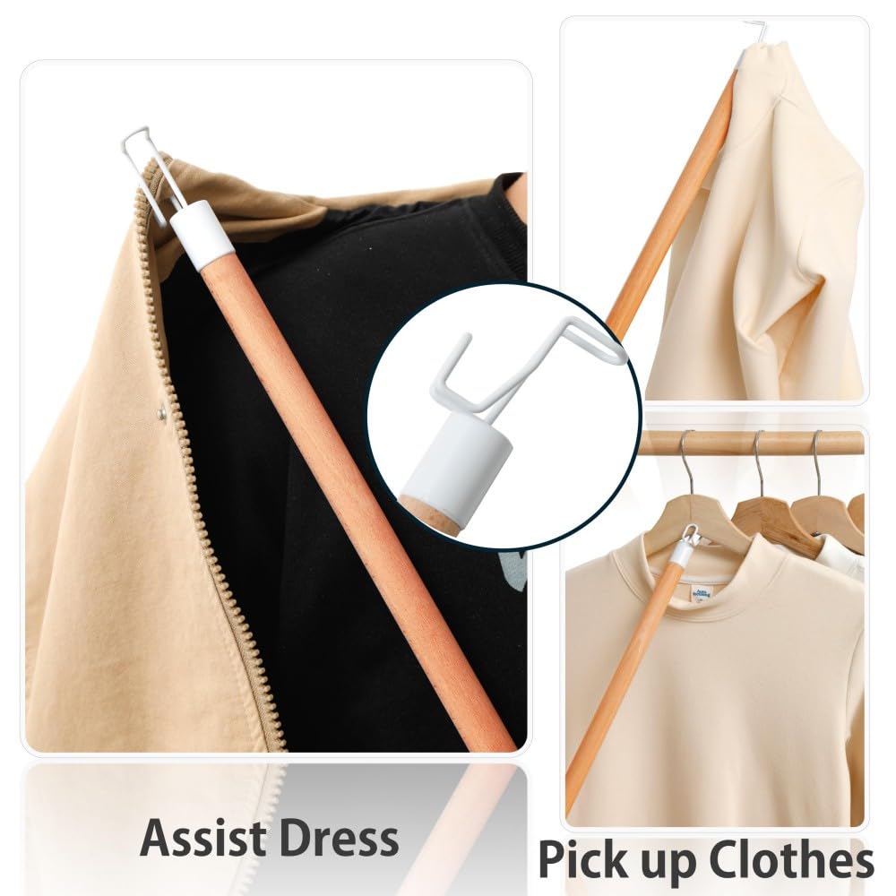 28" Dressing Stick for Elderly, One Piece Real Beech Wood Dressing Long Stick & Shoe Stick, Disability Aids for Daily Living for Pants, Shoes, Socks and Shirts, 1PK King Mills