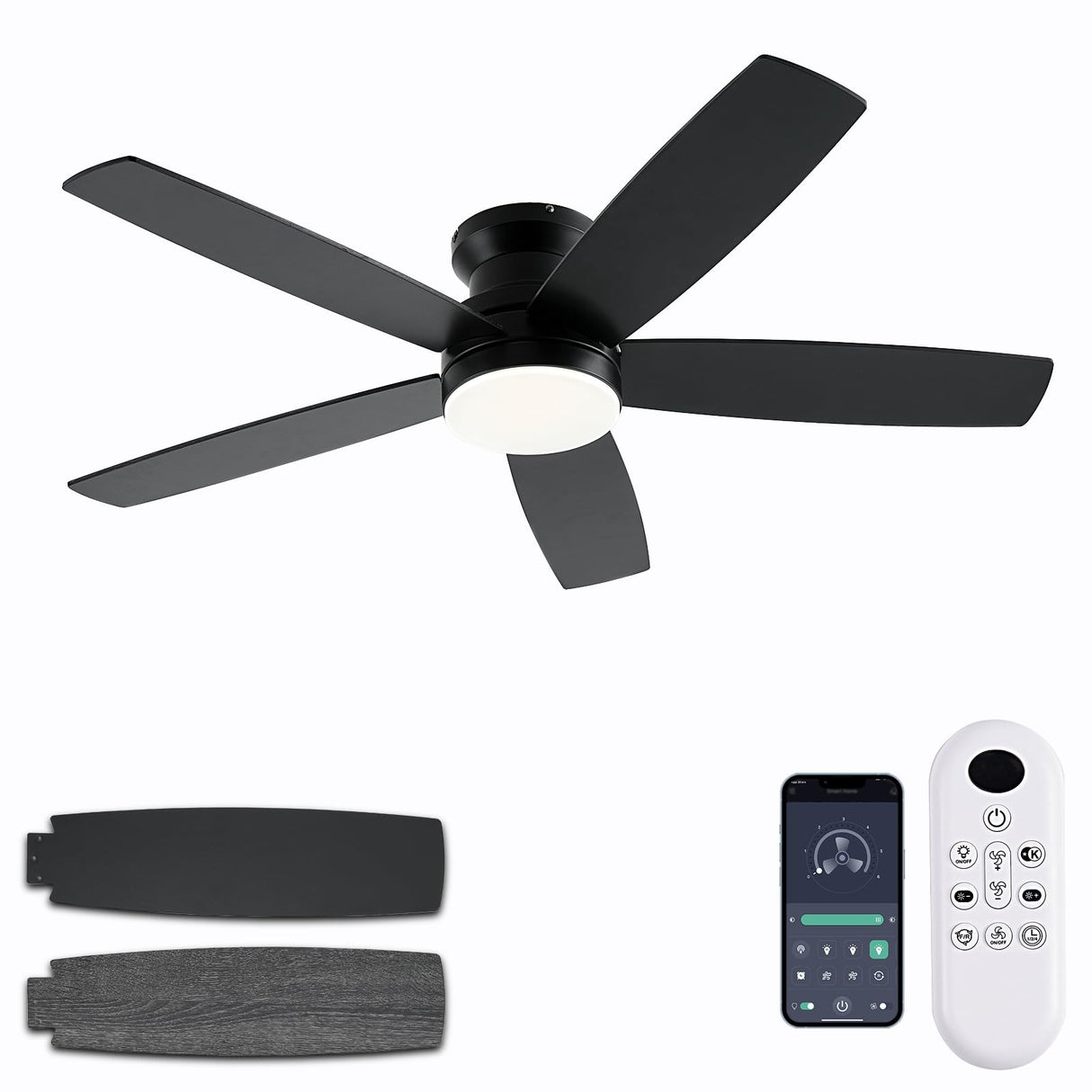 NKPU Black Ceiling Fans with Lights, 48Inch Low Profile Ceiling Fan with Light and Remote/App Control, Flush Mount, Reversible DC Motor, 3CCT Dimmable led, Modern Ceiling Fan for Indoor/Outdoor Use NKPU