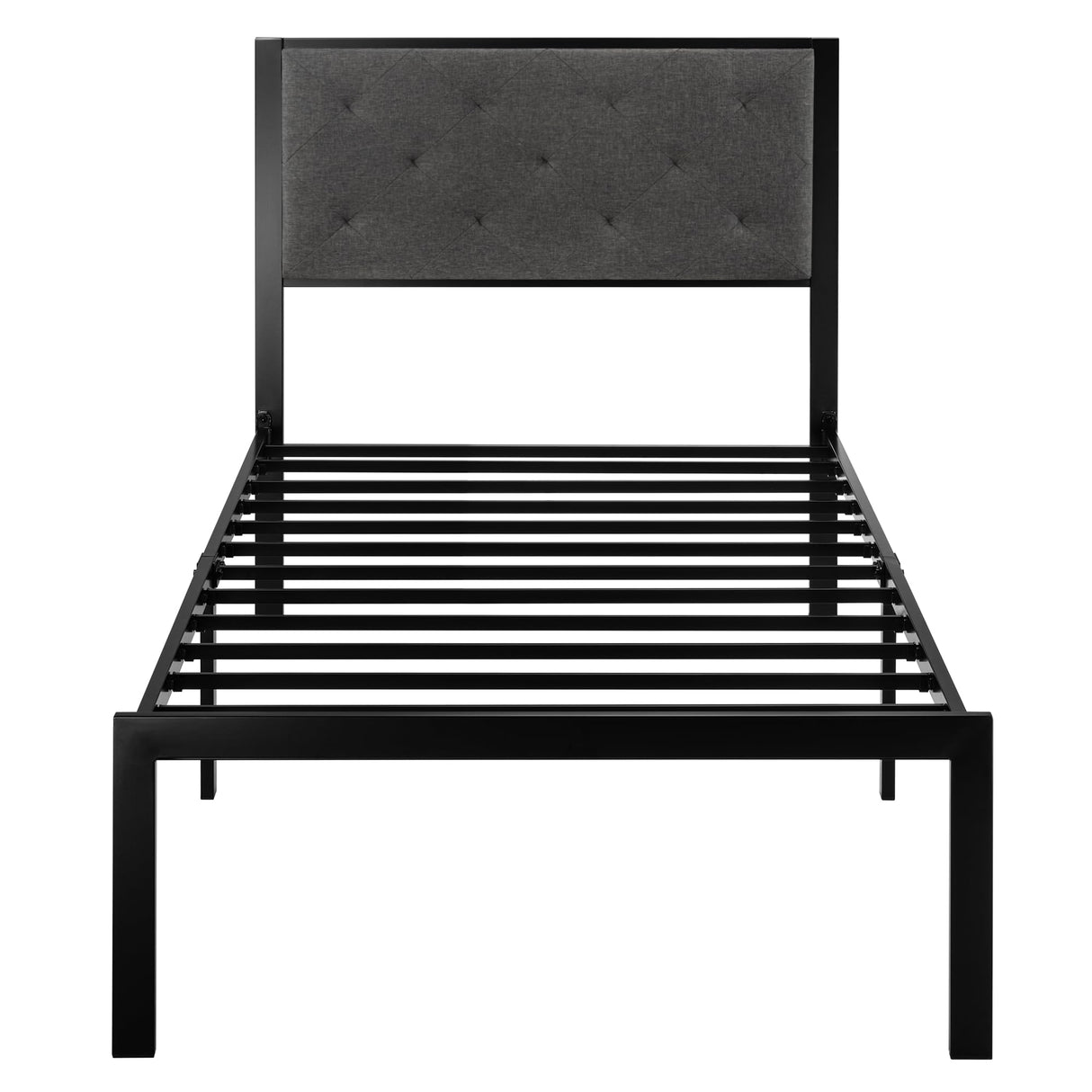 SHA CERLIN Twin Size Metal Platform Bed Frame,Linen Upholstered Button Tufted Headboard, Mattress Foundation with 12.4” Under-Bed Storage, Noise-Free, Easy Assembly, No Box Spring Needed, Dark Grey SHA CERLIN