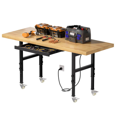Granper 60" Heavy Duty Solid Wood Work Bench, Work Table with Drawers, Portable Garage Workbench with Wheels and Power Outlet, 3000 LBS Load Capacity, Rolling Workbench for Workshop, Office, Home Granper