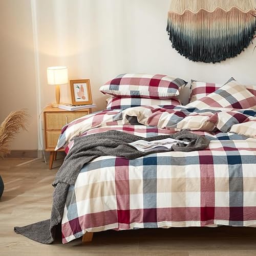 DONEUS 100% Washed Cotton Duvet Cover Set Super Soft Breathable Comfy Natural Linen Like Textured Bedding Set 3 Pieces with 2 Pillow Shams (Blue Red Plaid, Queen) DONEUS