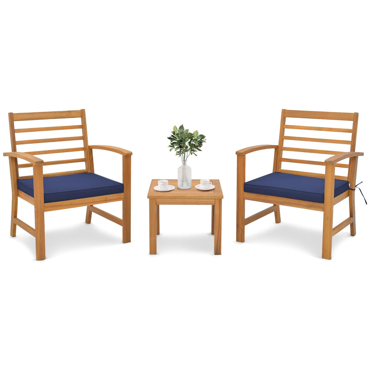 Tangkula 3 Pieces Outdoor Furniture Set, Acacia Wood Conversation Set with Soft Seat Cushions, Stable Acacia Wood Frame, Patio Sofa & Coffee Table Set for Backyard, Porch, Poolside (Navy) Tangkula