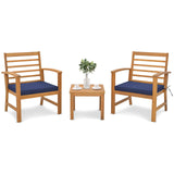Tangkula 3 Pieces Outdoor Furniture Set, Acacia Wood Conversation Set with Soft Seat Cushions, Stable Acacia Wood Frame, Patio Sofa & Coffee Table Set for Backyard, Porch, Poolside (Navy) Tangkula