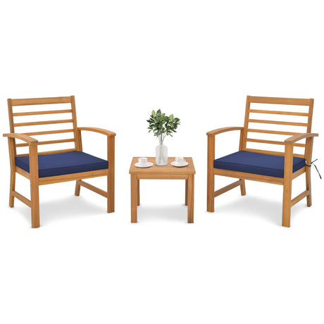 Tangkula 3 Pieces Outdoor Furniture Set, Acacia Wood Conversation Set with Soft Seat Cushions, Stable Acacia Wood Frame, Patio Sofa & Coffee Table Set for Backyard, Porch, Poolside (Navy) Tangkula