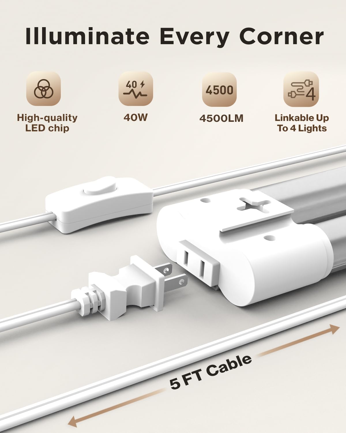 Sunco 6 Pack Linkable LED Utility Shop Light, 4500 LM, 5000K Daylight, 4 FT, 48 Inch Integrated Fixture for Garage, 40W Equivalent 150W, Surface + Suspension Mount, White Sunco Lighting