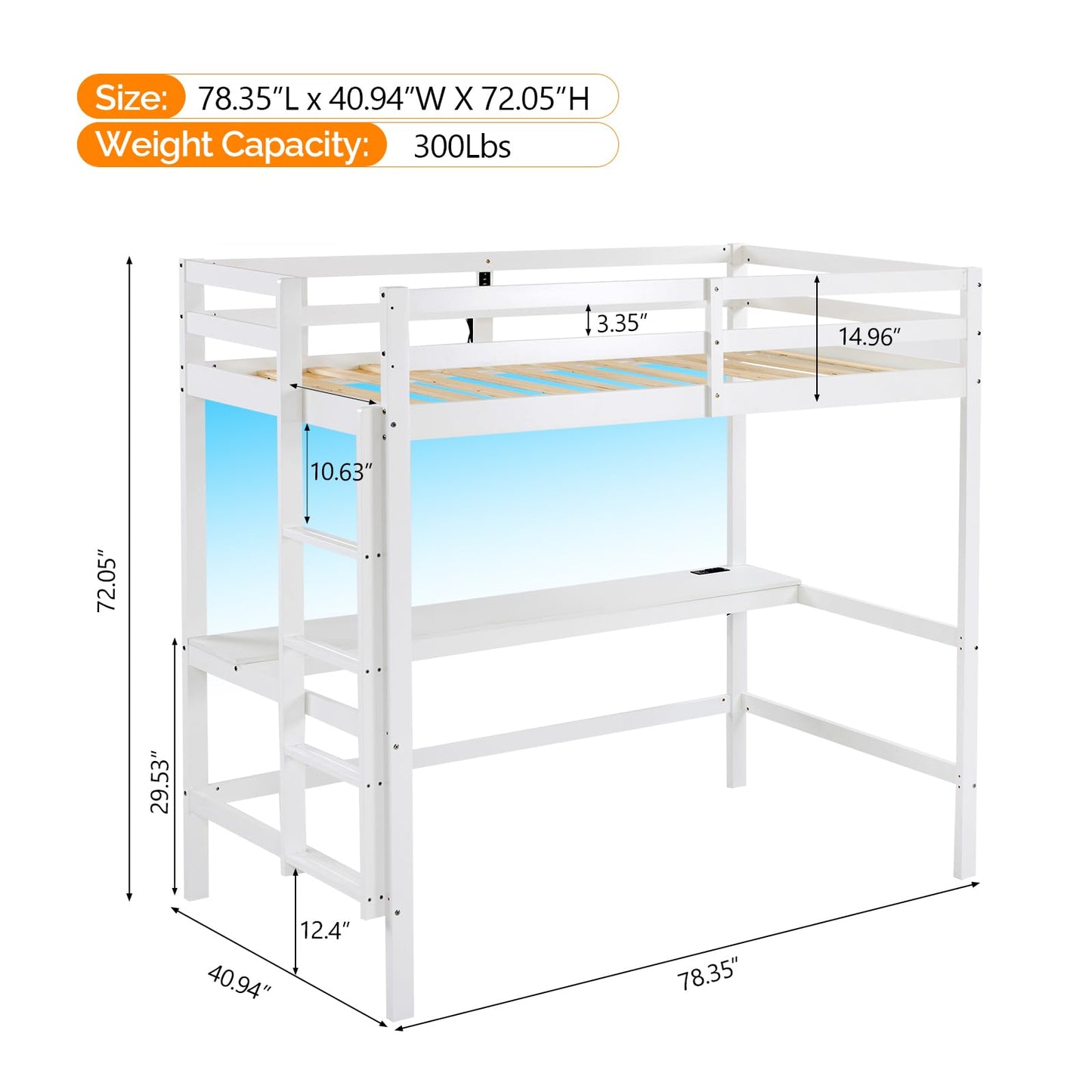 VINGLI Junior Loft Bed with Desk, Wood Loft Bed Twin Size with RGB LED for Adults, 2 Charging Station on High Guardrail and Desk,Wood Slat Support, White