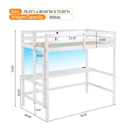 VINGLI Junior Loft Bed with Desk, Wood Loft Bed Twin Size with RGB LED for Adults, 2 Charging Station on High Guardrail and Desk,Wood Slat Support, White