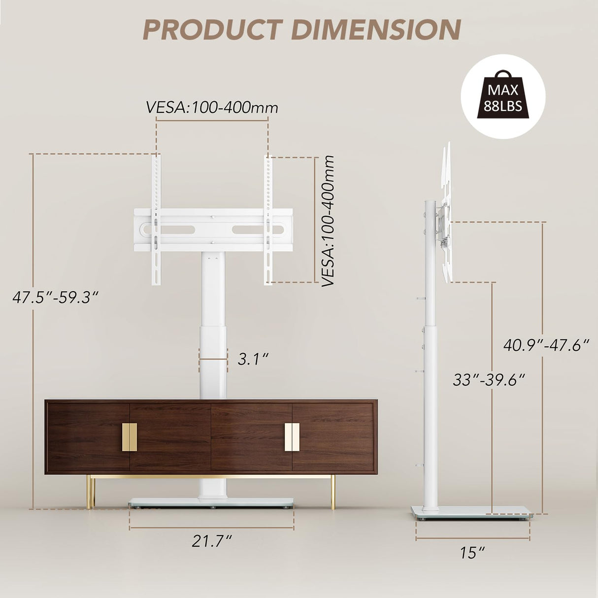 Universal Floor TV Stand with Mount 70 Degree Swivel 9 Level Height Adjustable and Space Saving Design for Most 27 to 65 inch LCD, LED OLED TVs, Perfect for Corner & Bedroom White AX1006TW AX WABER