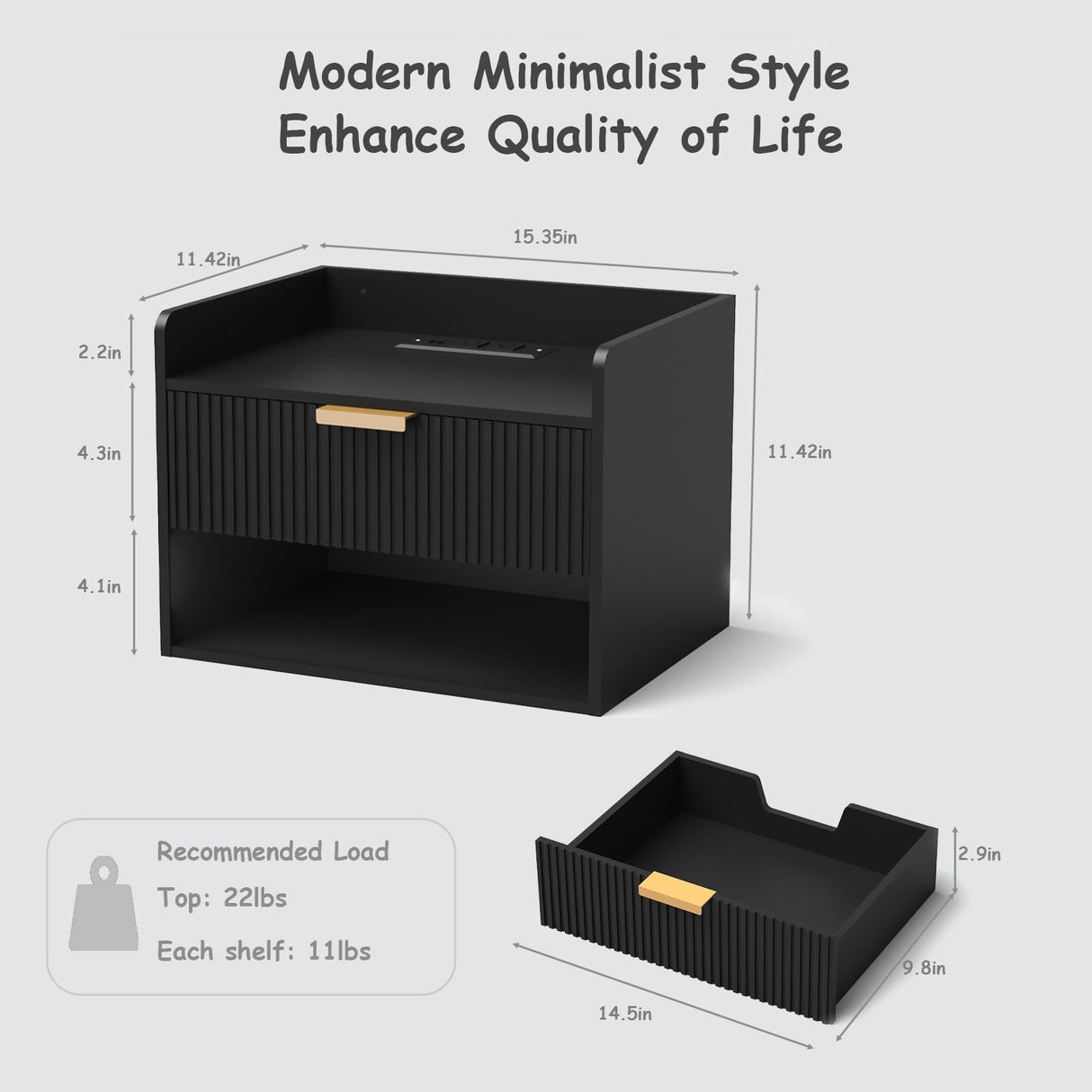 Arbuxzuy Floating Nightstand with Charging Station, Modern Wall Mounted Bedside Table with Drawer & Open Shelf, Minimalist Wooden Night Stand for Bedroom (Black) Arbuxzuy