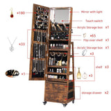 MASMIRE Rotating Jewelry Cabinet with Vanity Mirror,Full Length Mirror with Storage Mirror Jewelry Armoire Standing with LED Lights Lockable Jewelry Organizer Wheels Rustic Brown MASMIRE