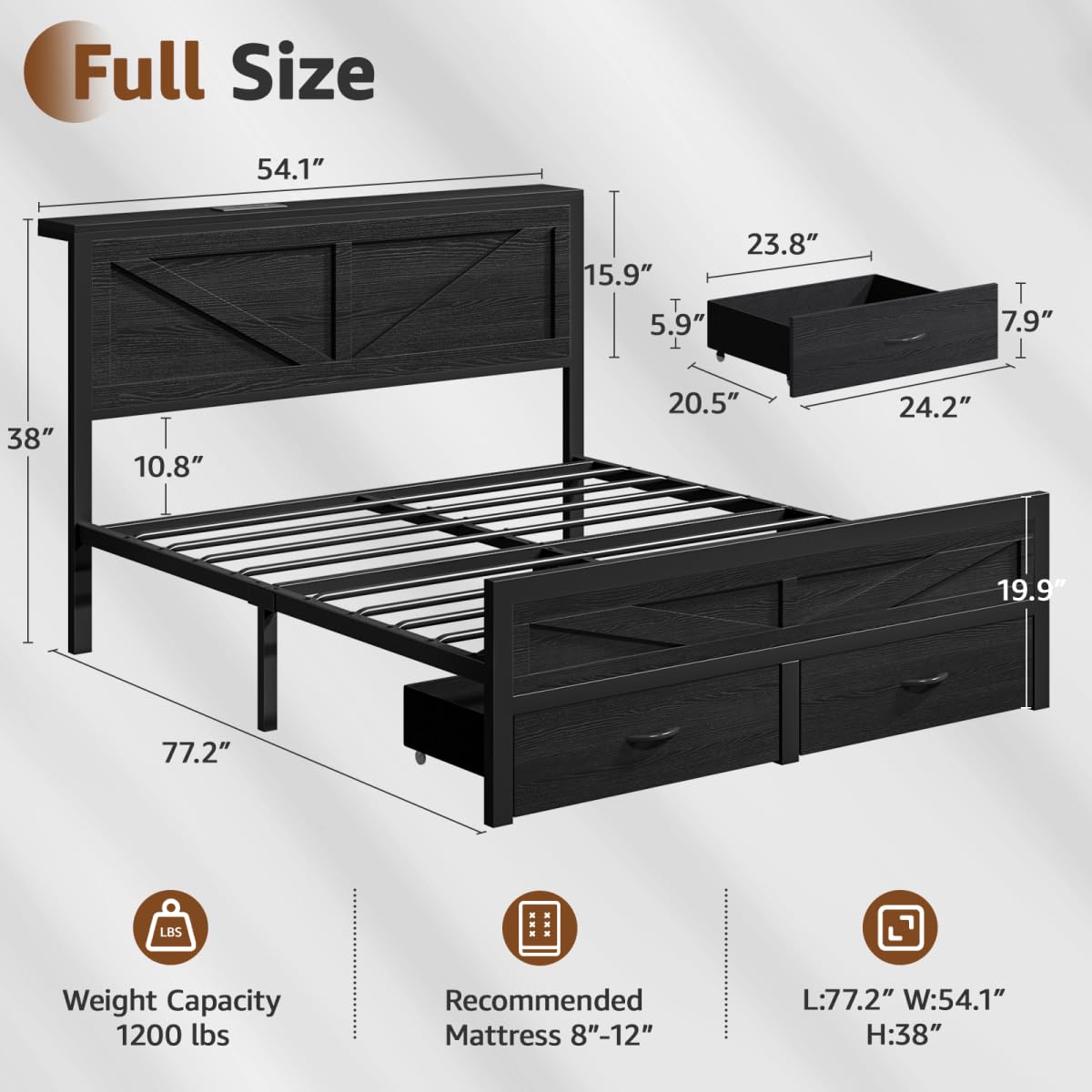 Siihnon Rustic Full Size Bed Frame with Storage Drawers and Barn Door Headboard, Farmhouse LED Bed Frame Full with Charging Station, Metal Industrial Platform Bed Frames, No Box Spring Needed, Black Siihnon