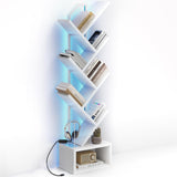 Casaottima White Tree Bookshelf with LED Light Strip — 6-Tier Small Floor Standing Bookcase, Narrow Steel & Wood Book Organizer Shelf with Cabinet, Home Decor for Living Room/Bedroom/Home Office Casaottima