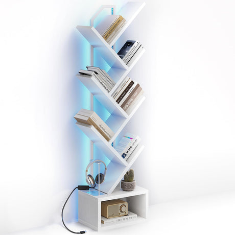 Casaottima White Tree Bookshelf with LED Light Strip — 6-Tier Small Floor Standing Bookcase, Narrow Steel & Wood Book Organizer Shelf with Cabinet, Home Decor for Living Room/Bedroom/Home Office Casaottima