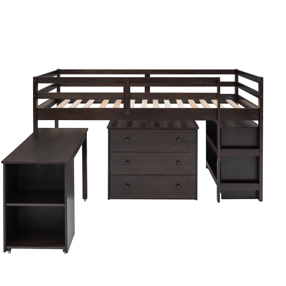 Twin Loft Bed with Desk Low Study Kids Twin Loft Bed with Storage Drawers, Low Loft Bed Twin for Kids Twin Loft Bed with Safety Guard Rails and Bookcase Shelf (Espresso, Twin Loft with Desk) Harper & Bright Designs