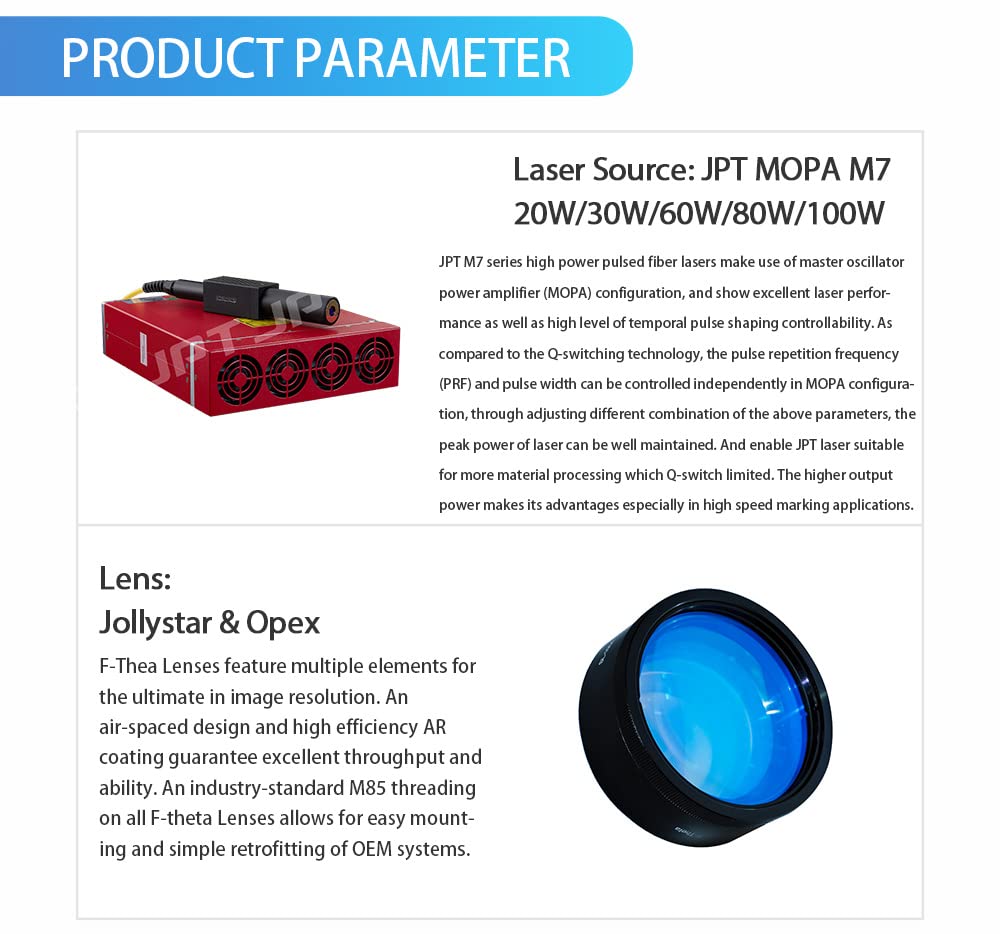 100W JPT M7 MOPA Fiber Laser Marking Machine Fiber Laser Engraver Laser Marker 300×300mm with 80mm Rotary Axis