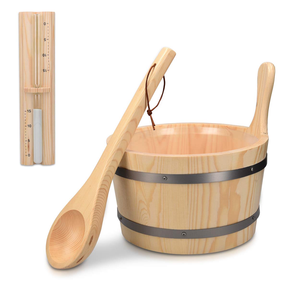 Navaris Wooden Sauna Bucket with Ladle - Essential Spa Accessory for Steam Room with 1.3 Gallon Pine Wood Bucket, Plastic Liner, Ladle, Sand Timer