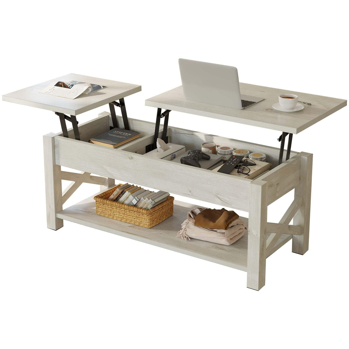 Rolanstar 47.2" Lift Top Coffee Table with Hidden Compartment, 2 Way Lift Top Coffee Table with Open Shelf & X Wooded Support, Farmhouse Center Table for Living Room, Grey Rolanstar