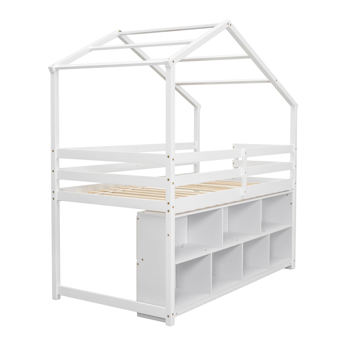 UOCFYK Twin Size House Loft Bed with Shelves & Roof for Kids Boys Girls, Solid Wood Bedframe w/Safety Guardrails & Wooden Slats Support,Easy Assemble & No Box Spring Needed, White