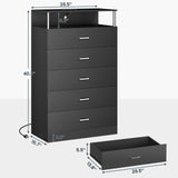 AOGLLATI Black Dresser for Bedroom with Column Design & Charging Station, Led 5 Drawers Tall Dresser for Bedroom,Black AOGLLATI