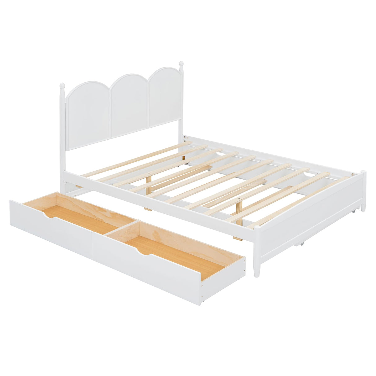 Merax Queen Size Platform Bed with 2 Storage Drawers and Twin XL Size Trundle, Rustic Design Wooden Bed Frame, White Merax