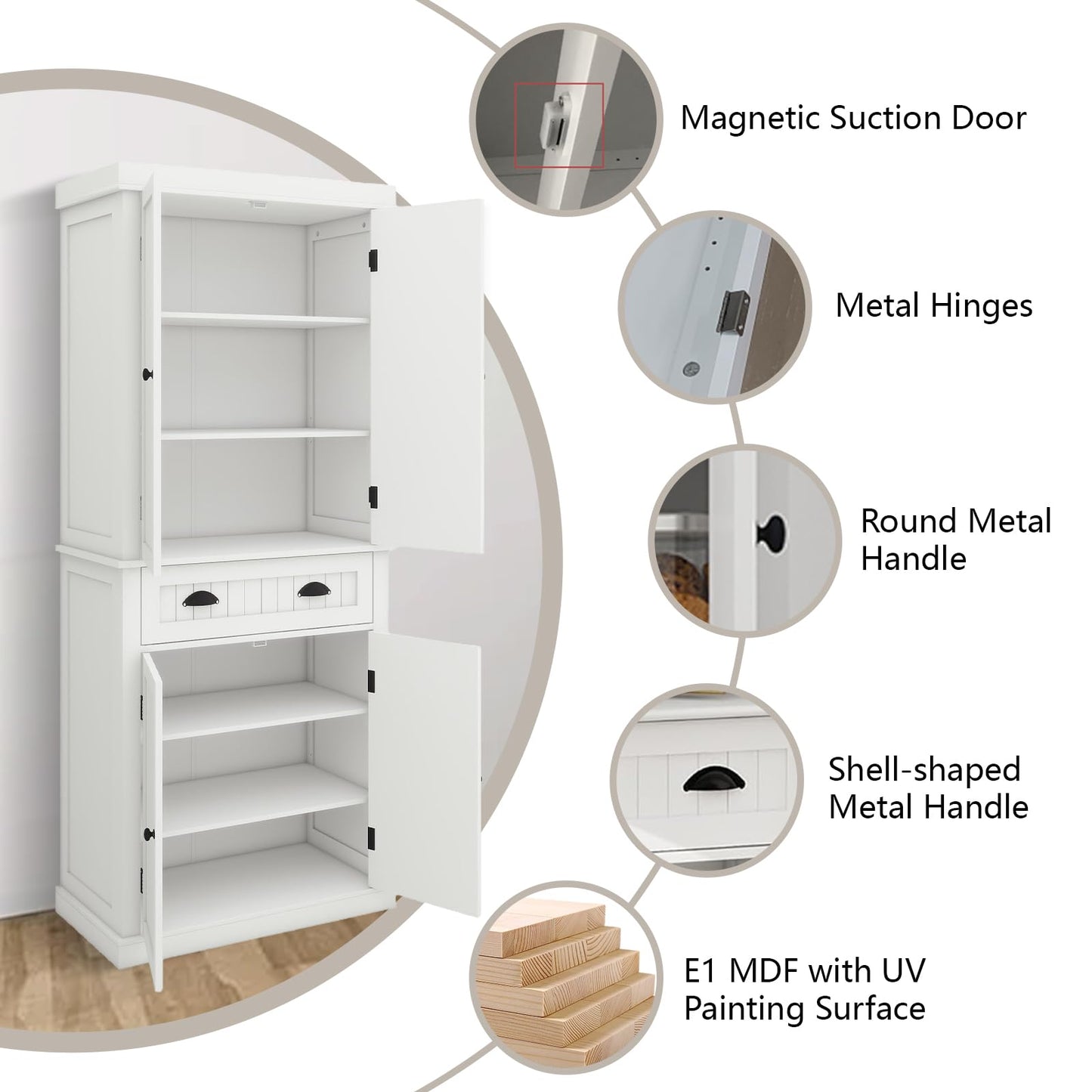 GOAWGO Kitchen Pantry Storage Cabinet with Doors and Shelves Freestanding Kitchen Cupboard with Drawer Food Pantry Cabinet 72in Tall Wood White Cabinet for Dining Room Living Room Bathroom