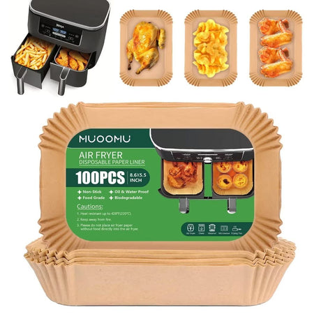 Air Fryer Disposable Paper Liners for Ninja Dual Airfryer Accessories, Non-Stick Parchment Rectangular for Baking, Oil Proof, Water Proof, for Microwave Oven (100PCS, 8.6in x 5.5in) MUOOMU
