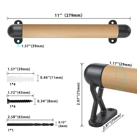1.3Ft Wood Handrails for Indoor Stairs,Safety Non-Slip Stair Railing, Professional Pine Handrails Support Rod Complete Kit, Comfortable Barrier-Free Stair Handrail for Elderly（16‘’） WWFFEN