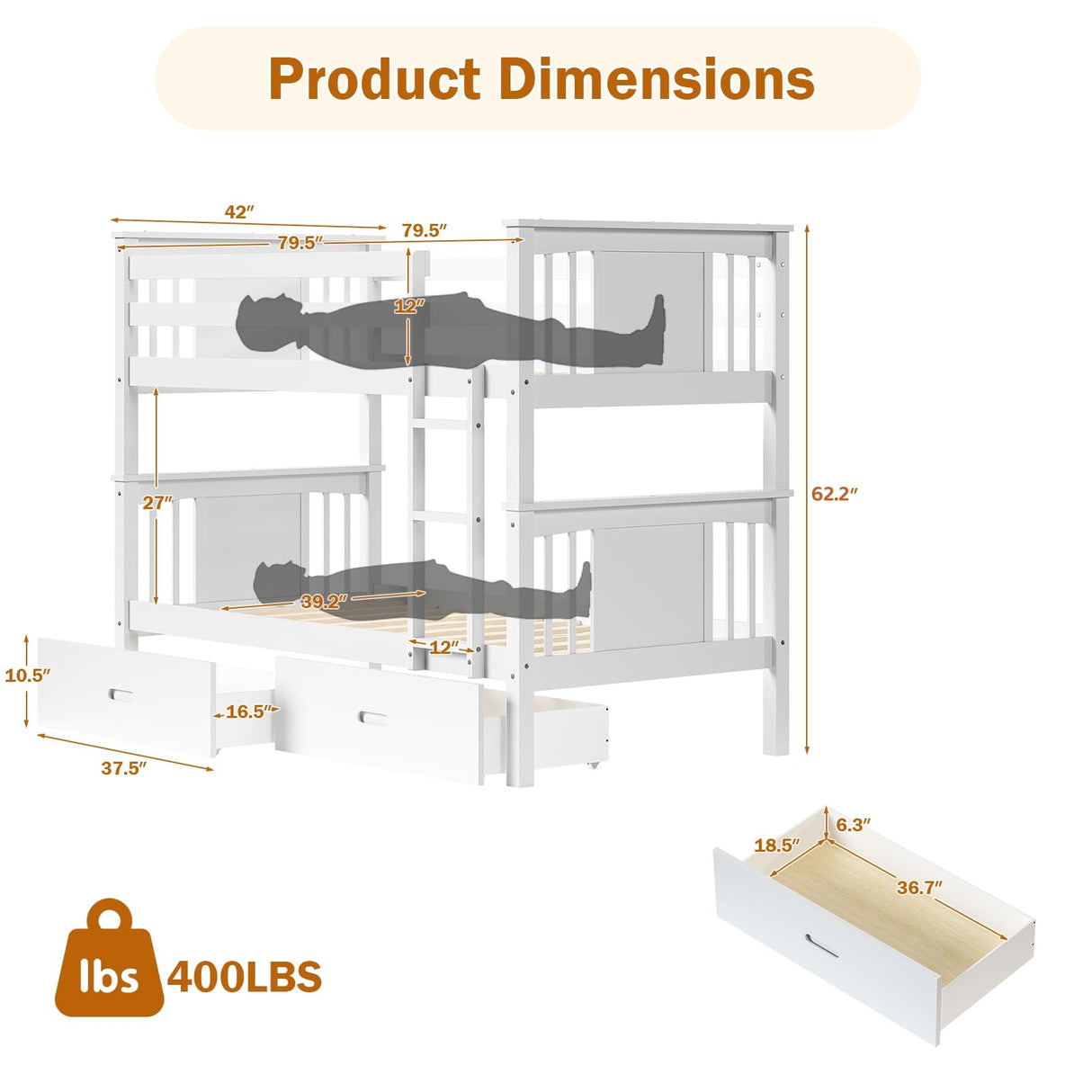 FUQARHY Bunk Bed Twin Over Twin with Storage Drawers, White Convertible Wooden Twin Bunk Beds with Sturdy Stairs and Safety Guardrail, No Box Spring Needed (White) FUQARHY