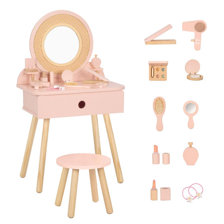 OOOK Kids Vanity Table and Chair Set, Pink Girls Vanity with 11 Pcs Accessories, Enough for Real and Pretend Makeup, Toddler Vanity for 3 Year Old and Up as Ideal Gift OOOK