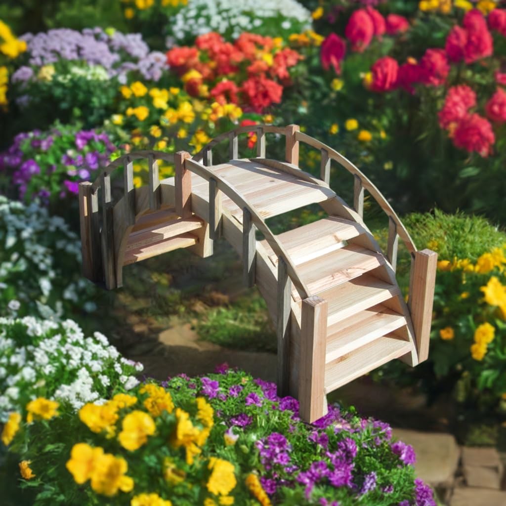 SamsGazebos Fairy Tale Wood Garden Bridge with Decorative Picket Railings and Steps, 33" L, Unfinished - WoodArtSupply