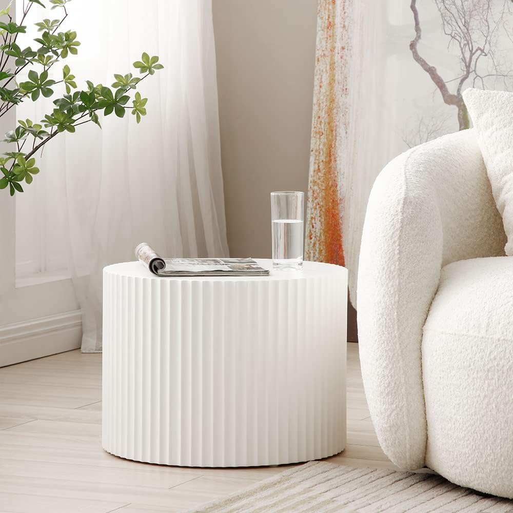 JURMALYN White Round Coffee Table Nesting Coffee Table Set of 2 Contemporary Circle Coffee Table Fluted Side Tables End Table for Living Room Office JURMALYN