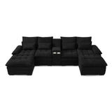KEIKI 130" U-Shaped Sofa with Storage Console, Cup Holders, 6-seat Upholstered Sectional Sofa Button Tufted Cloud Cushion Couch for Home, Office, Apartment, Black KEIKI