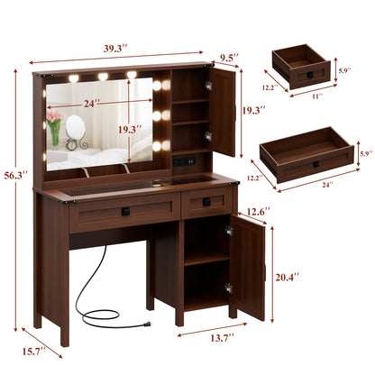 YMERSEN Farmhouse Vanity Desk with Mirror and Light, 39" Glass Tabletop Makeup Vanity Desk with 2 Drawers & Cabinets, Ample Storage Space, Rustic Bedroom Vanity Desk Gift for Girls, Women