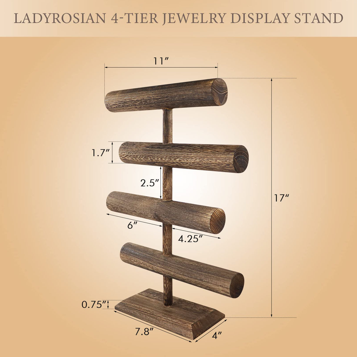 LadyRosian 4 Tier Wooden Display Jewelry Accessory Stand Bracelet Holder Bangle Watch Necklace Storage Stand Organizer, Brown LadyRosian