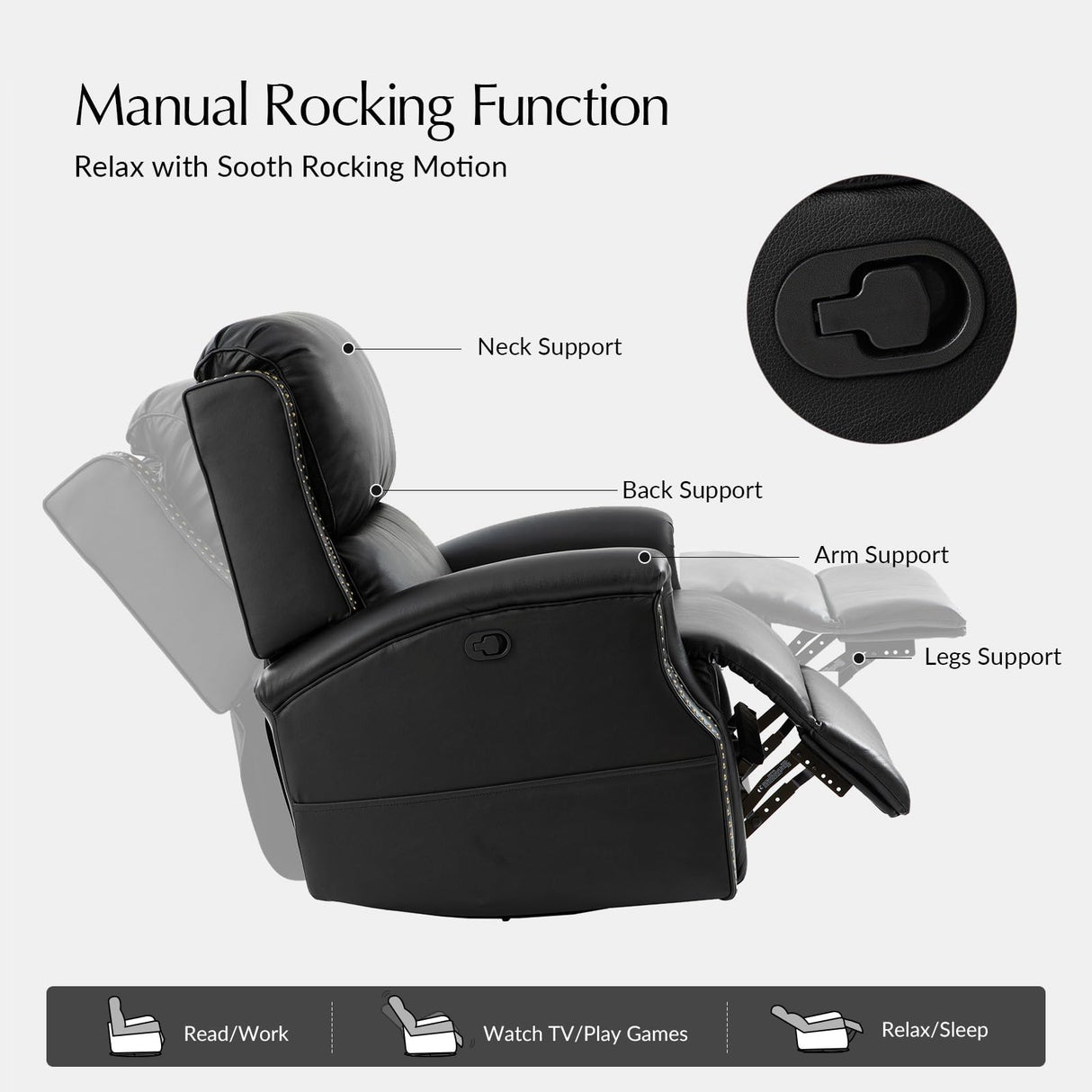 HULALA HOME Genuine Leather Recliner Chair, 360 Swivel Rocker Chair with Thick Seat, Classic Push Back Armchair with Backrest, Nailhead Trim, Black HULALA HOME